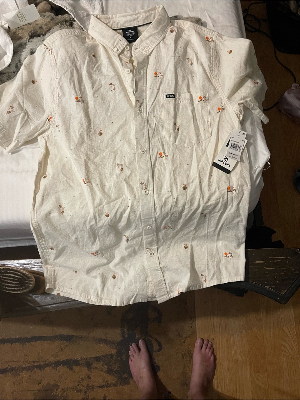 Rip Curl Men’s Cream Short-Sleeve Button-Down with Orange Print